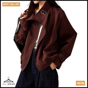 Cropped Trench Coat Turtleneck Vintage Jacket with Pockets Fall Fashion